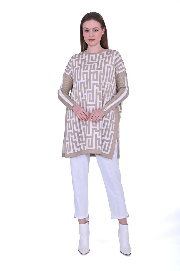 6872 Labirent Desen Triko Tunik - Camel - 4