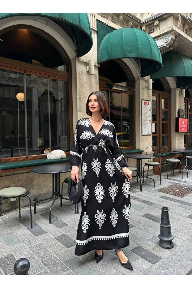 Women's Black Slit Detailed Bat Sleeve Double Breasted Collar Long Summer Dress