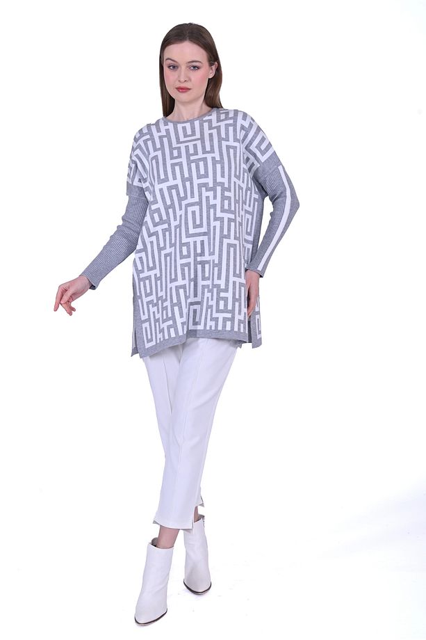 İNVEE 6872 Labirent Desen Triko Tunik - Gri - 1