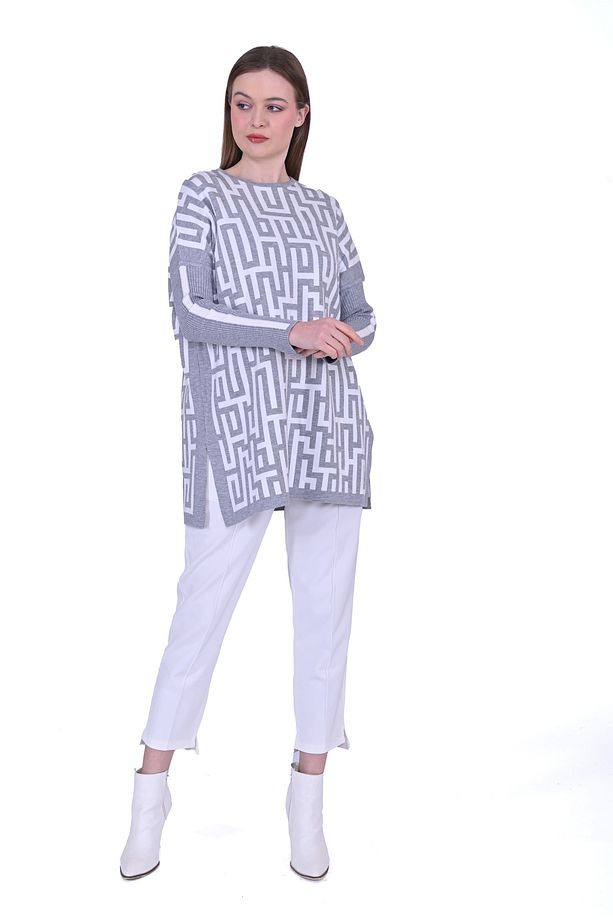 İNVEE 6872 Labirent Desen Triko Tunik - Gri - 4