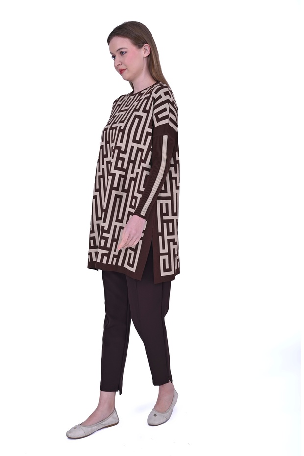6872 Labirent Desen Triko Tunik - Kahve - 4