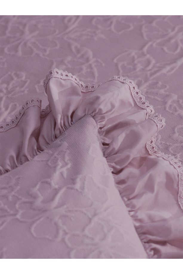 Lady-Pudra Pembe Çift Kişilik Fırfırlı %100 Pamuk Yatak Örtüsü Takımı - 4