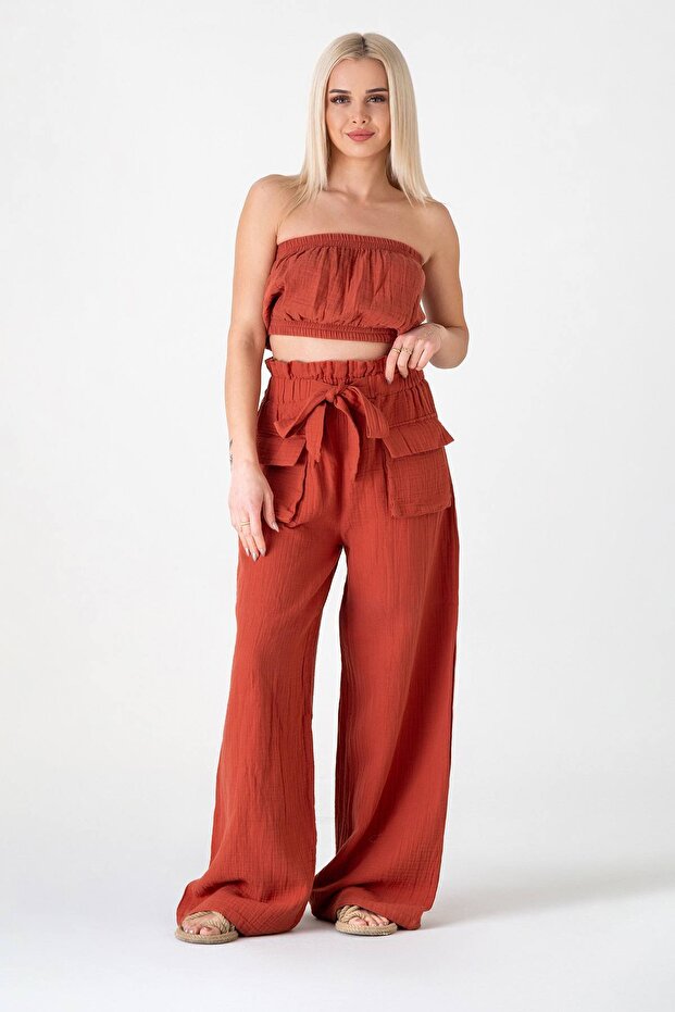 Muslin Fabric 100% Cotton High Waist Front Cargo Pocket Trousers - Tile