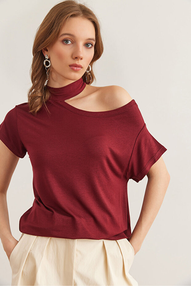 Women's Burgundy One Shoulder Low-Cut Viscose Blouse Blz- 19002882