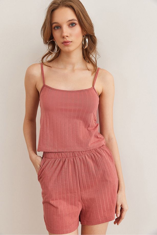Kadın Gül Kurusu Üst Askılı Bluz Alt Cepli Şort Pijama Takım PJM-00000021 - 1
