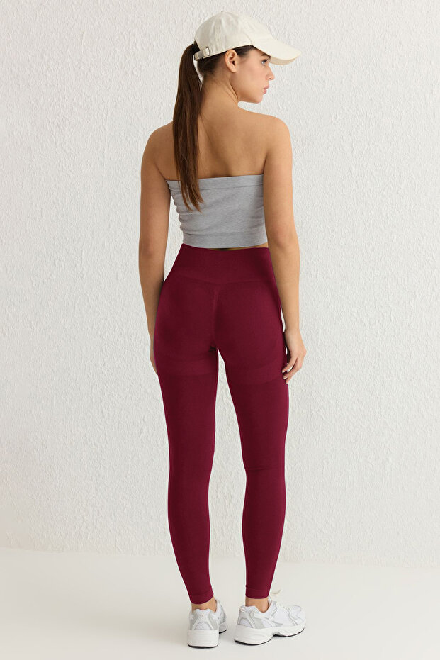 Bordo Seamless/Dikişsiz Push Up Tam Boy Örme Spor Tayt THMAW25TY00003 - 5