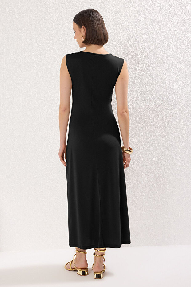 Siyah Düz Büzgü / Drape Maxi More Sustainable Modal Burgu Detaylı Esnek Örme Elbise TWOSS25EL00385 - 5