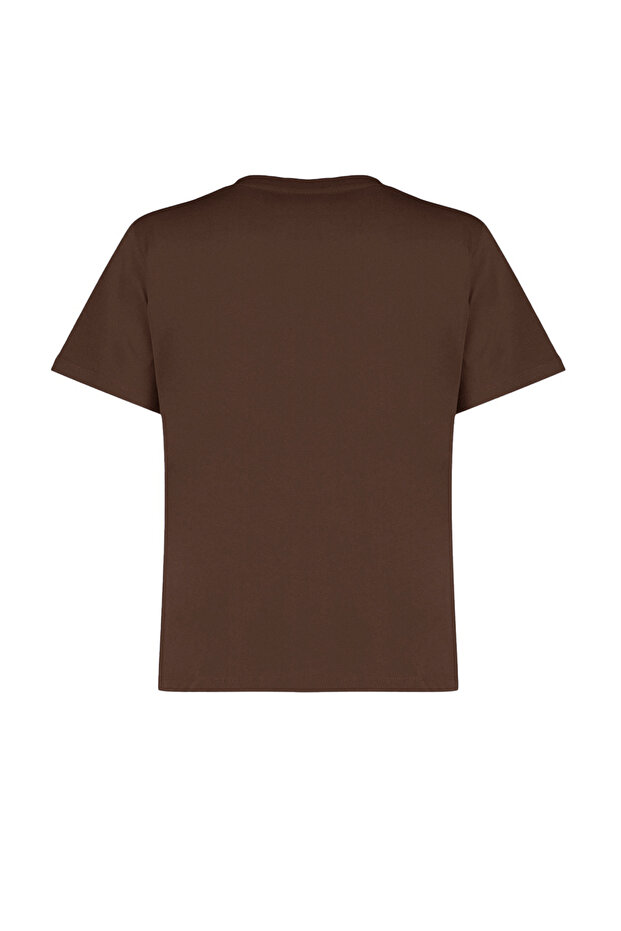 Kahverengi %100 Pamuk Basic Bisiklet Yaka Örme T-Shirt TWOSS23TS00000 - 7