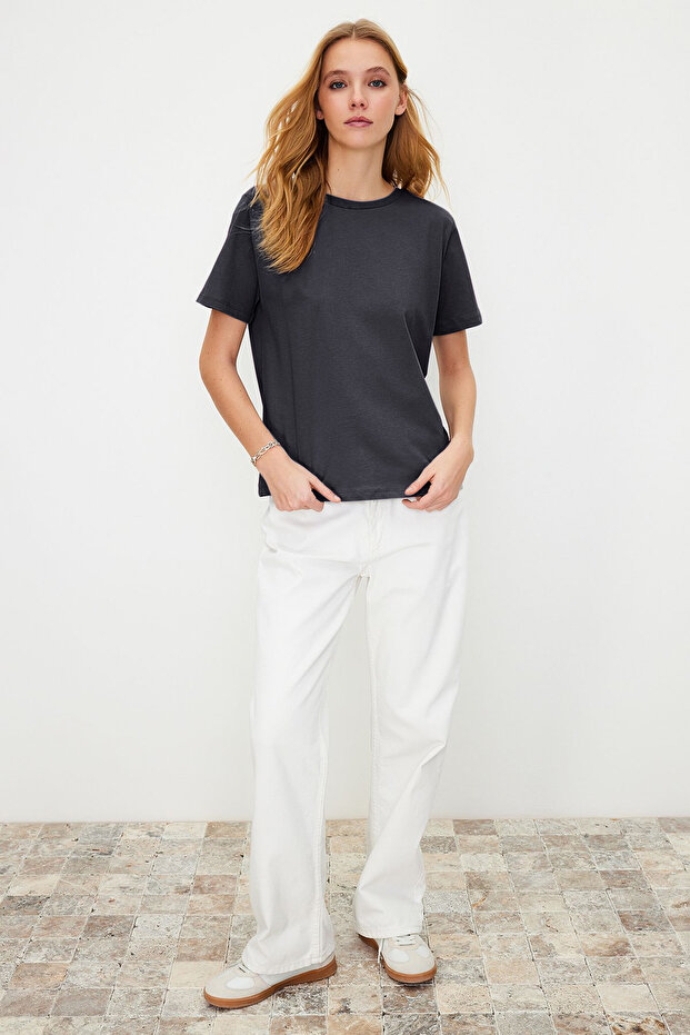 Antrasit %100 Pamuk Basic Bisiklet Yaka Örme T-Shirt TWOSS23TS00000 - 3