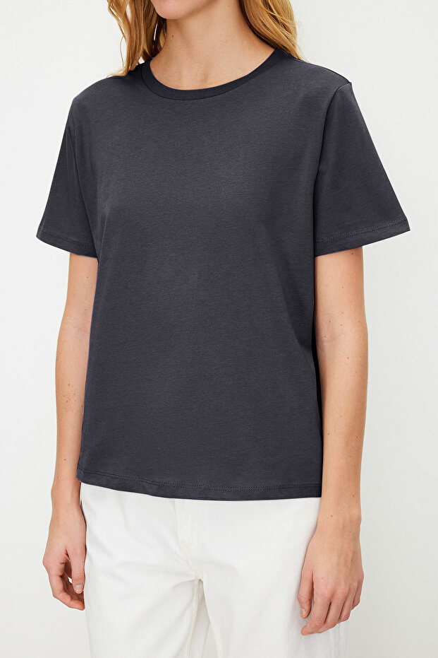 Antrasit %100 Pamuk Basic Bisiklet Yaka Örme T-Shirt TWOSS23TS00000 - 4