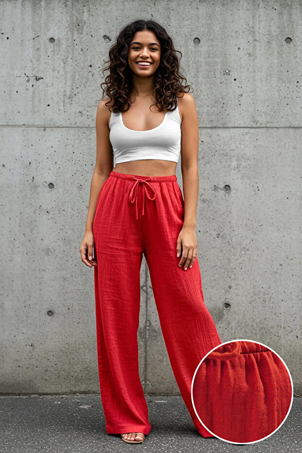 Koyu Kırmızı Müslin Beli Lastikli İnce Kumaş Wide Leg/Geniş Paça Dokuma Pantolon TWOSS25PL00067 - 1