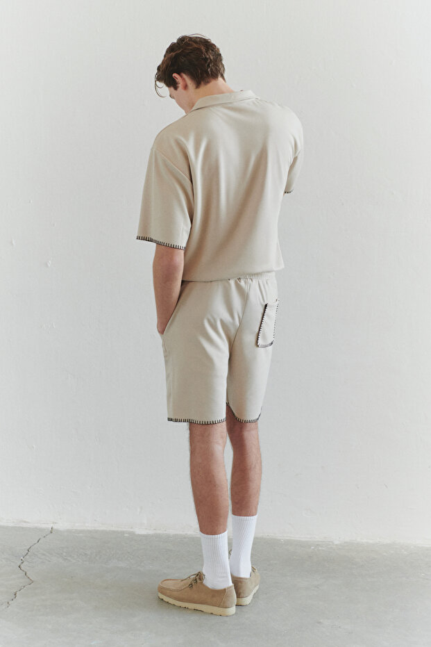 Taş Oversize/Geniş Kesim Kontrast Dikiş Detaylı Polo Yaka T-shirt - 3