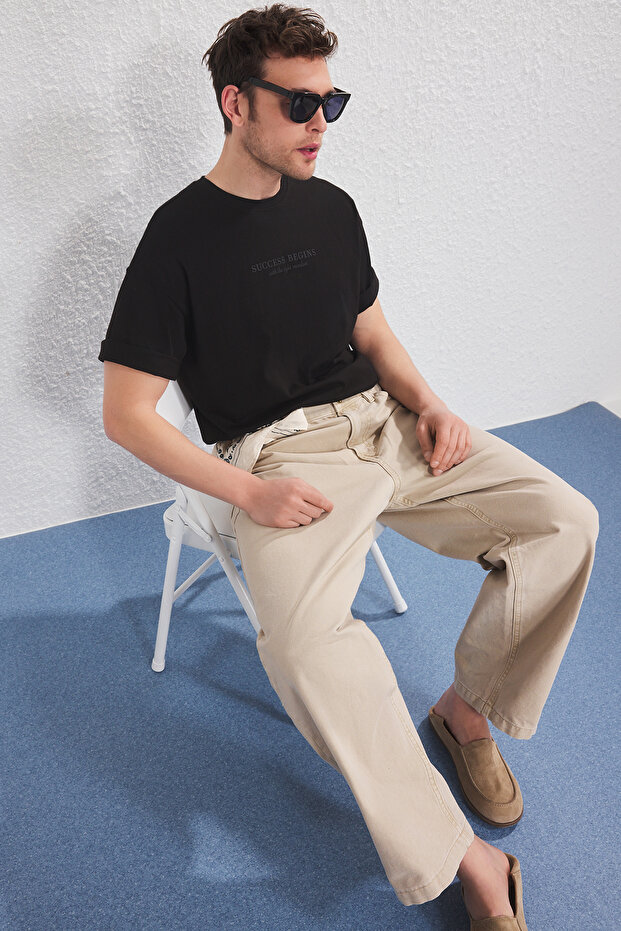 Haki-Siyah Oversize/Geniş Kesim 2'li Paket Yazı Baskılı %100 Pamuk T-Shirt TMNSS25TS00211 - 3