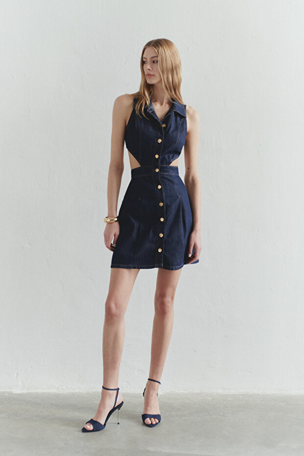 Koyu Mavi Bel Dekolteli Cut-Out Detaylı Gömlek Yaka Mini Denim Elbise TWOSS25EL00505 - 1