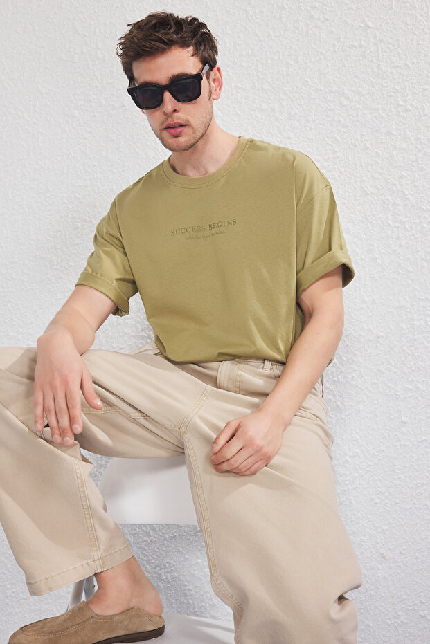 Haki-Siyah Oversize/Geniş Kesim 2'li Paket Yazı Baskılı %100 Pamuk T-Shirt TMNSS25TS00211 - 6