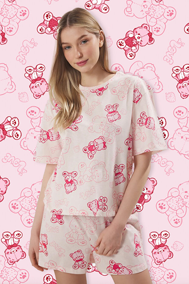 Pembe %100 Pamuklu Ayıcıklı Şortlu Örme Pijama Takımı THMSS25PT00367 - 1