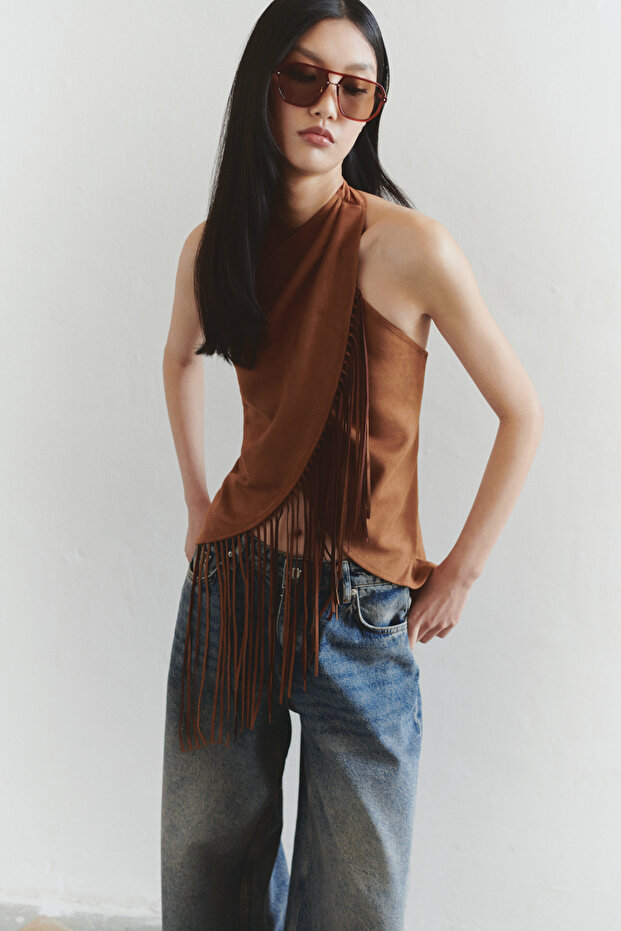 Kahverengi Regular Halter Yaka Boyundan Bağlamalı Yelek TWOSS25YE00079 - 2