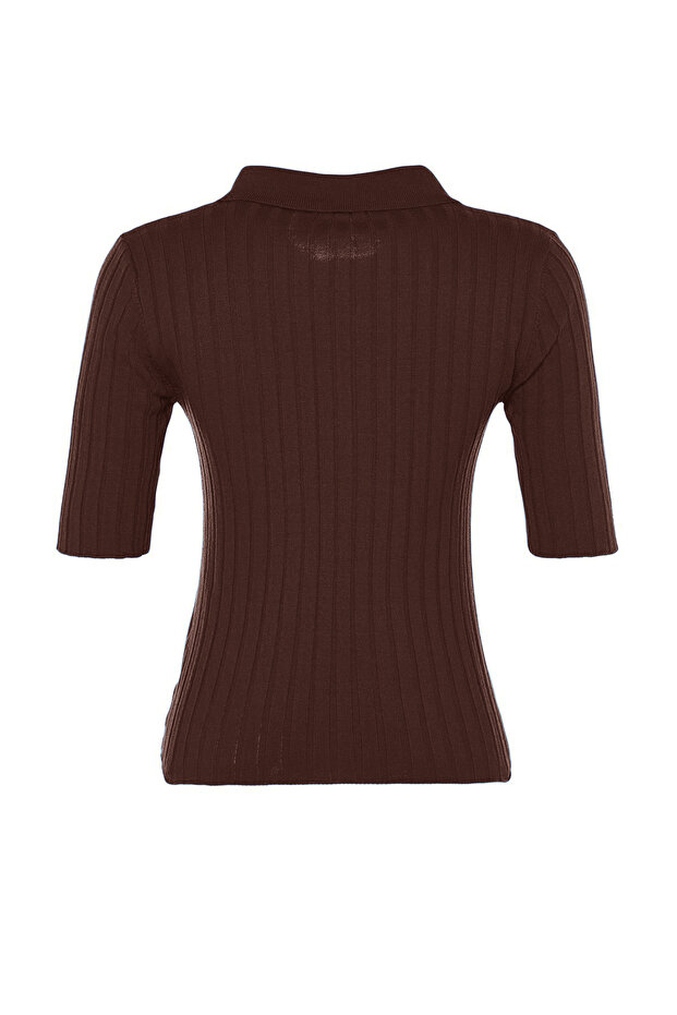 Kahverengi Basic Polo Yaka T-Shirt Görünümlü Triko İnce Bluz TWOSS20BZ0112 - 12