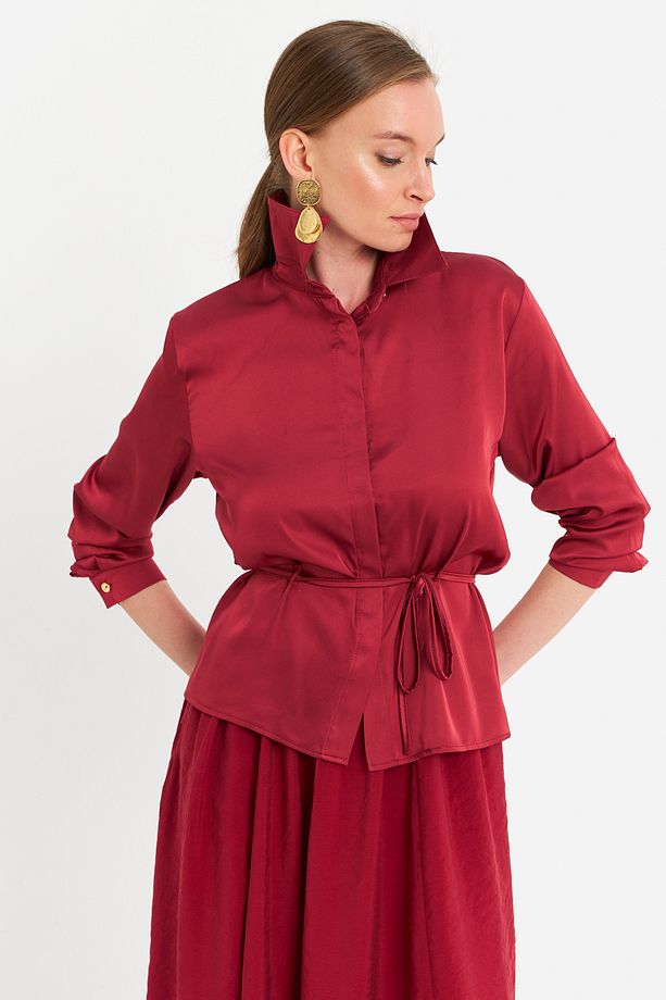 Kadın Bordo Beli Bağlamalı Saten Gömlek MMRS4212 - 5