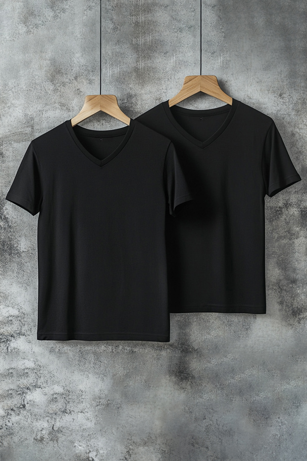 Siyah Basic V-Yaka Slim Fit/Dar Kesim %100 Pamuklu 2'li Paket T-Shirt TMNSS19BO0075 - 1
