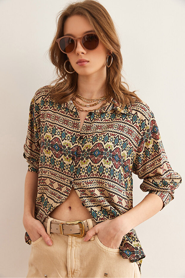Women's Stone Kilim Washed Soft-Textured Patterned Viscose Shirt GML-19001305