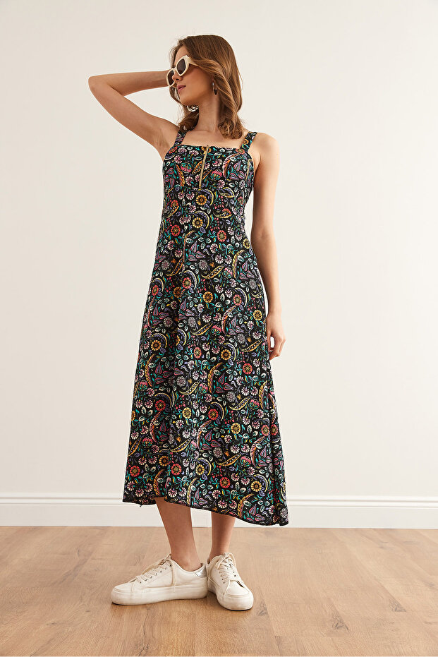 Kadın Renkli Çiçekli Fermuarlı Desenli Örme Elbise ELB-19000615 - 4