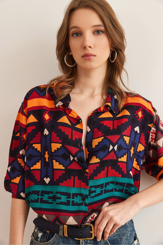 Kadın Aztek Çok Renkli Yıkamalı Yumuşak Dokulu Desenli Viskon Gömlek GML-19001305 - 1