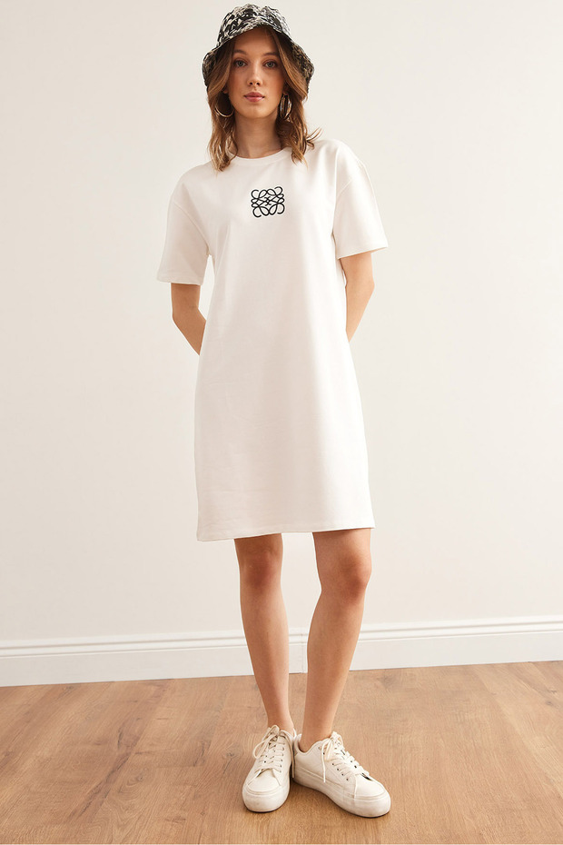 Women's Ecru Geometric Printed Tunic Dress Elb- 19002353