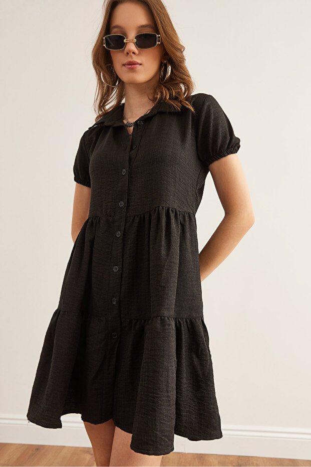 Women's Black Pieced Shirt Dress Elb-19002358