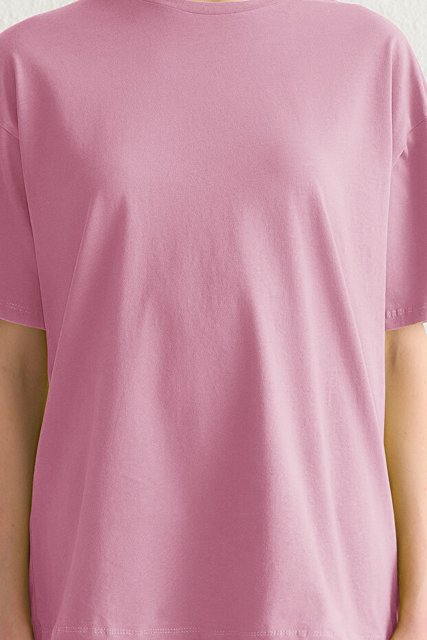 Açık Pembe %100 Pamuk Bisiklet Yaka Oversize/Geniş Kalıp Örme T-Shirt TWOSS20TS0134 - 3