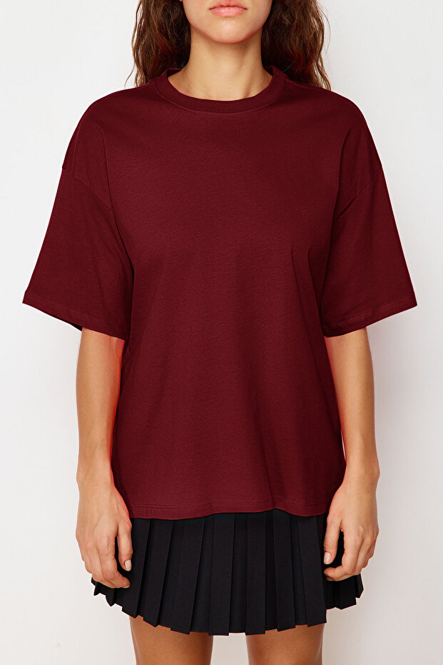 Bordo %100 Kalın Pamuklu Oversize/Geniş Kalıp Bisiklet Yaka Örme T-Shirt TWOSS23TS00040 - 4