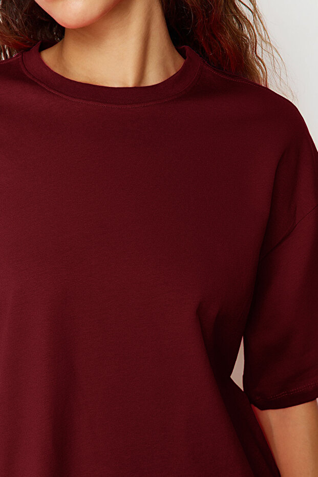 Bordo %100 Kalın Pamuklu Oversize/Geniş Kalıp Bisiklet Yaka Örme T-Shirt TWOSS23TS00040 - 3