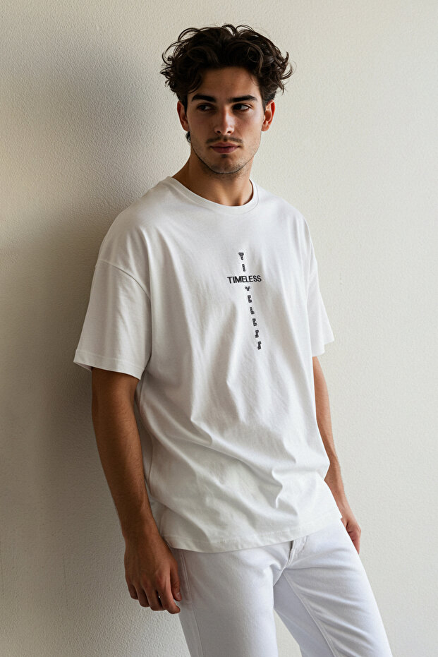 Beyaz Oversize/Geniş Kesim Yazı Baskılı %100 Pamuk T-Shirt TMNSS20TS1097 - 1