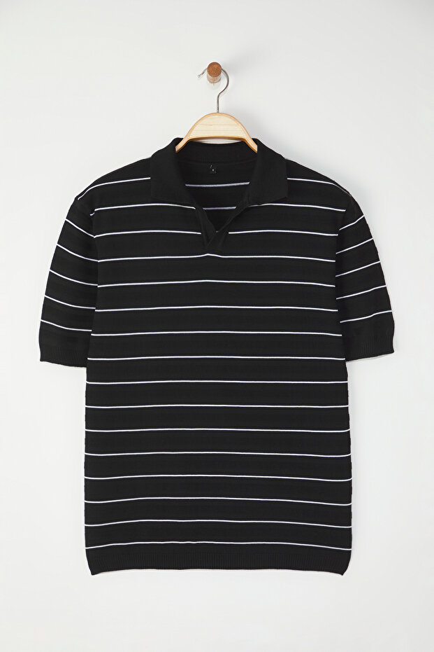 Siyah Regular/Normal Kesim Dokulu Çizgili Polo Yaka T-shirt TMNSS25PO00044 - 3