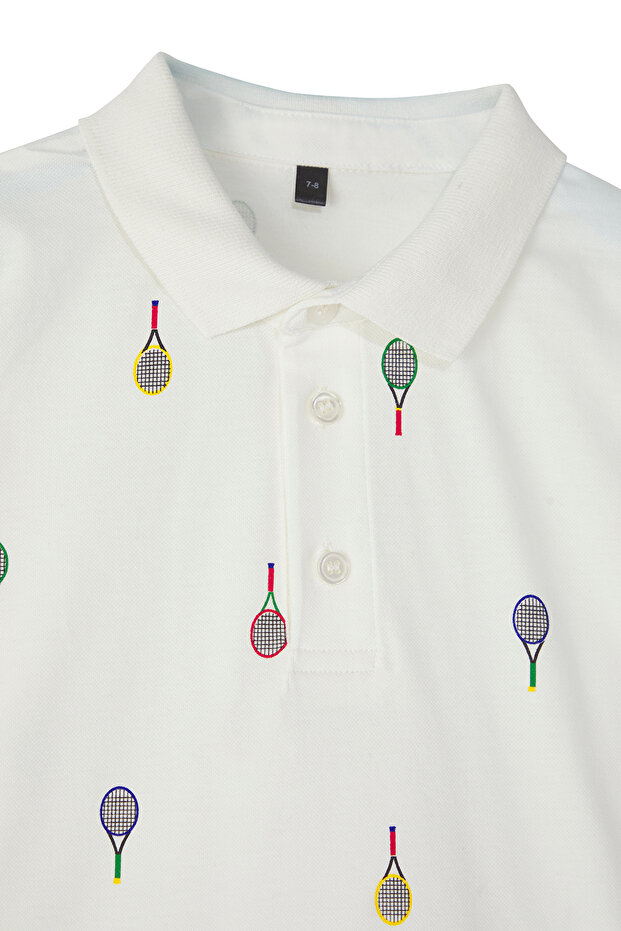 Ekru-Mavi Pamuklu 2'li Baskılı Regular Kalıp Polo Yaka Erkek Çocuk Örme T-Shirt TKDSS25TS00089 - 4