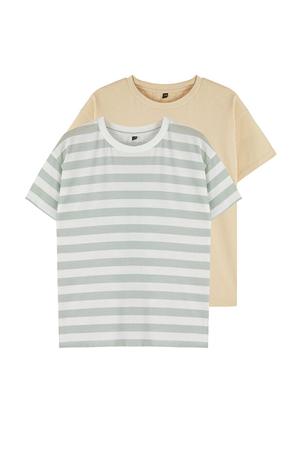Taş-Mint 2'li Erkek Çocuk Basic Oversize Kalıp Kısa Kol Örme T-Shirt TKDSS25TS00053 - 1