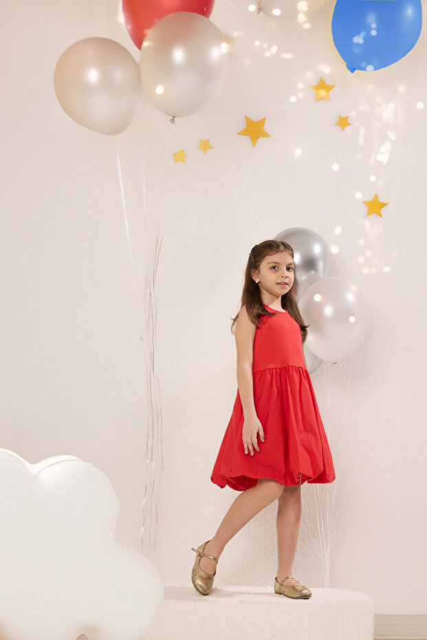 Kırmızı Kız Çocuk Pamuklu Basic Kolsuz Balon Etekli Mini Bayramlık Örme Elbise TKDSS25EL00067 - 1