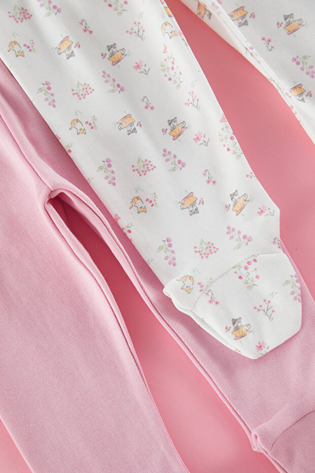 Ekru-Pembe 2'li Kız Bebek %100 Pamuk Baskılı Patikli Örme Pantolon TKDSS25PL00011 - 2
