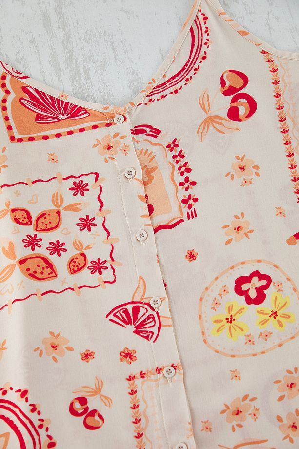 Kırmızı-Çok Renkli Meyve&Çiçek Desenli Viskon Dokuma Pijama Takımı TBBSS25AI00048 - 3