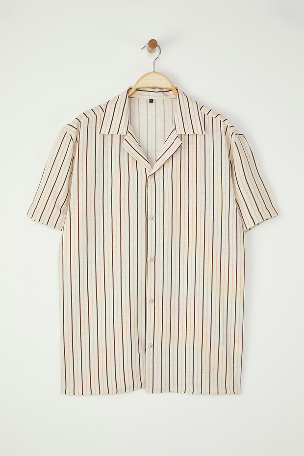 Ekru Oversize Fit Keten Karışımlı Salaş Dökümlü Gömlek TMNSS25GO00060 - 1