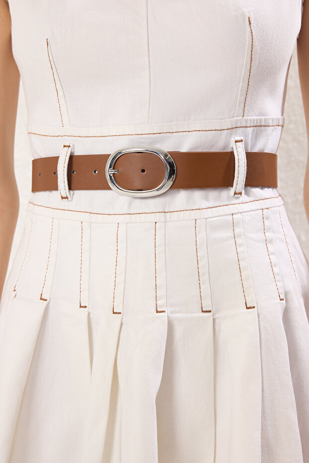 Ekru Kemerli V Yaka Pİleli Mini Denim Elbise TWOSS25EL00739 - 3
