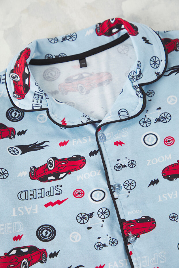 Bebe Mavisi Erkek Çocuk Pamuklu Araba Baskılı Örme Alt Üst Pijama Takımı TKDSS25PT00008 - 3