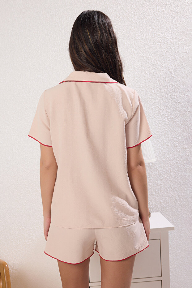 Bej Kiraz Nakışlı Biyeli Saten Şortlu Dokuma Pijama Takımı THMSS25PT00387 - 4