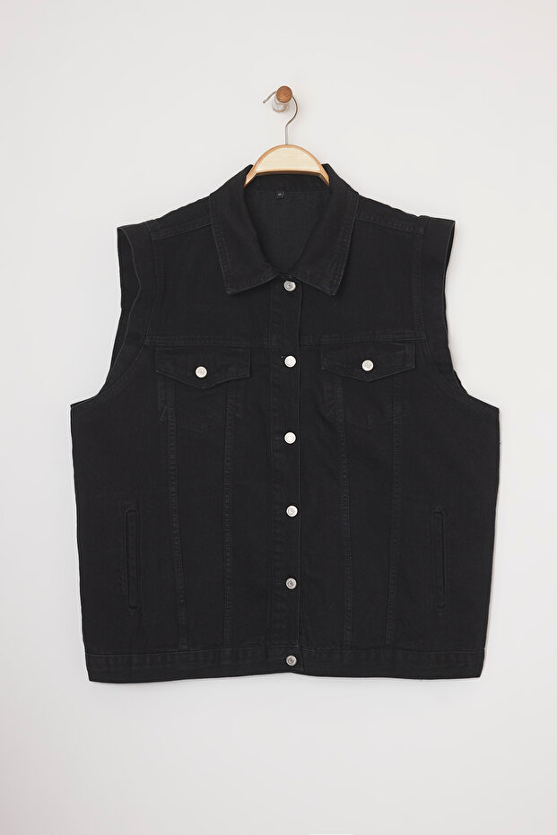 Siyah %100 Pamuk Non-Stretch Oversize/Genim Kalıp Büyük Beden Denim Yelek TBBSS24BH00004 - 5