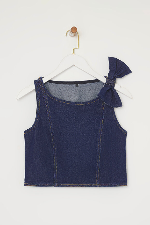 Koyu Mavi Kurdele/Fiyonk Detaylı Crop Denim Bluz TWOSS25BZ00476 - 5