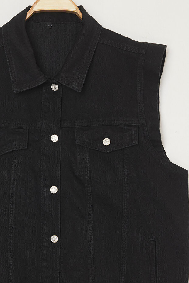 Siyah %100 Pamuk Non-Stretch Oversize/Genim Kalıp Büyük Beden Denim Yelek TBBSS24BH00004 - 6