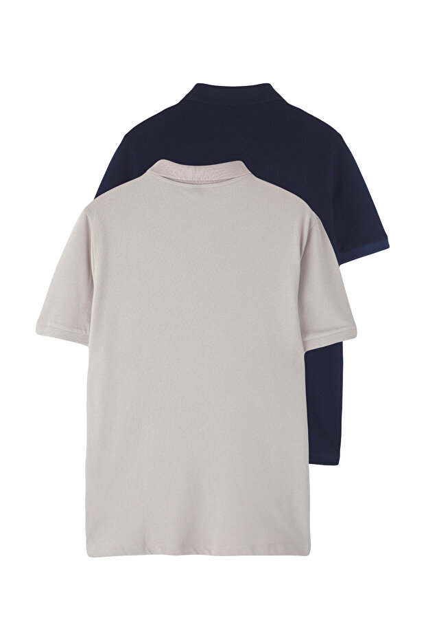 Lacivert-Gri 2'li Regular/Normal Kesim %100 Pamuklu Polo Yaka T-shirt - 3