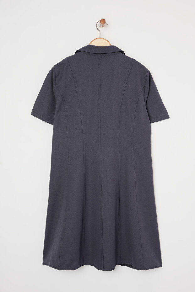 Antrasit Gabardin Dokuma Mini Büyük Beden Elbise TBBSS25AH00205 - 7