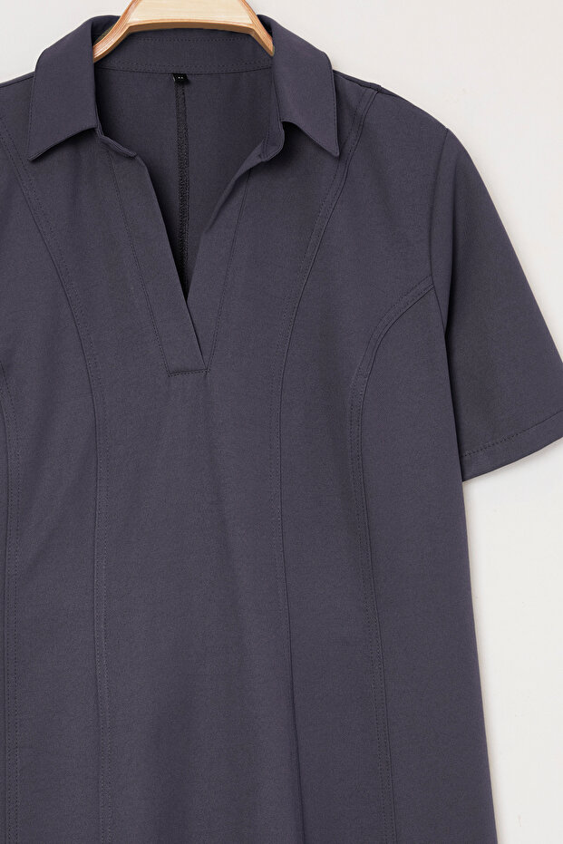 Antrasit Gabardin Dokuma Mini Büyük Beden Elbise TBBSS25AH00205 - 6