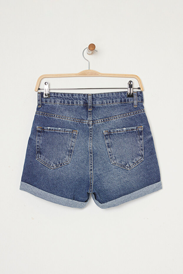 Koyu Mavi Yüksek Bel Paça Katlamalı Mini Denim Şort TWOSS25SR00170 - 6